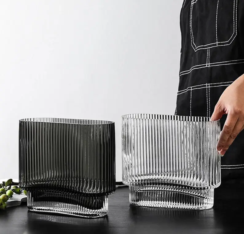 Ribbed Glass Vase, Simple Clear Transparent, Modern Minimalist, Creative Home Decor Interior Wedding Design Dropshipping