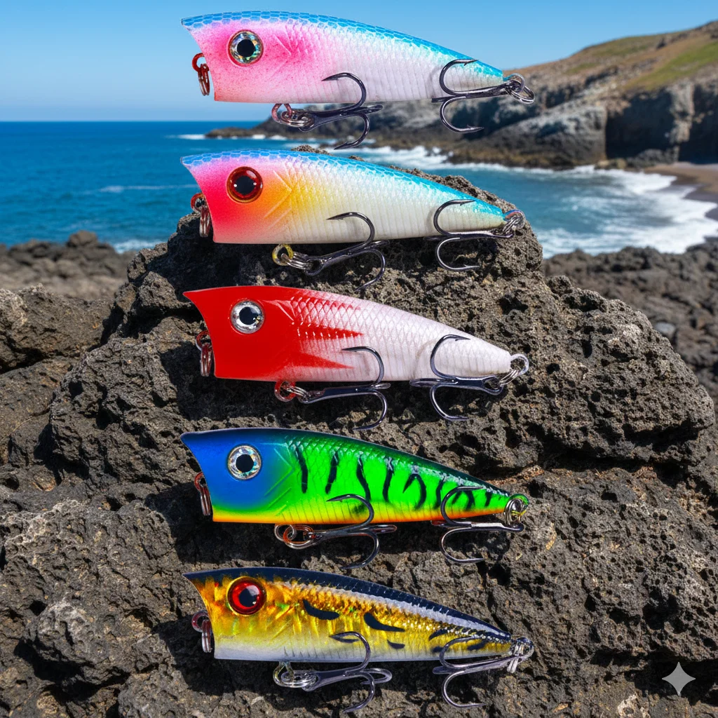 5er-Set 6,3 cm 6,1 g Topwater Popper Angelköder, Weitwurf-Schwimmköder, Oberflächenköder für Barsch, Hecht, Zander
