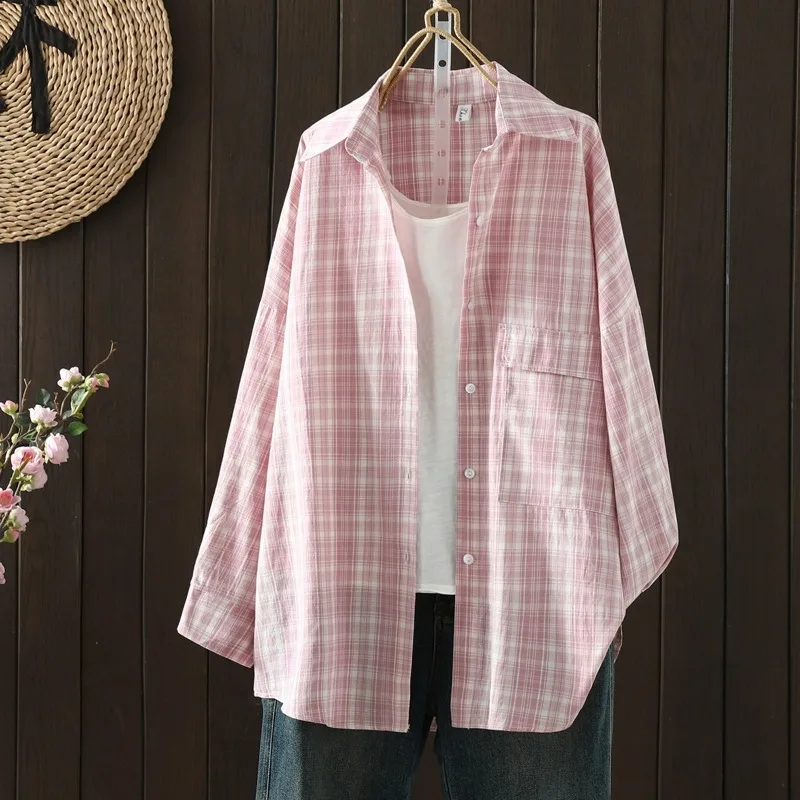 

Loose Long Sve Plaid irt Single Button New Arrival Women's Casual Versatile irt plus Size Faion Polyester Cotton Blend