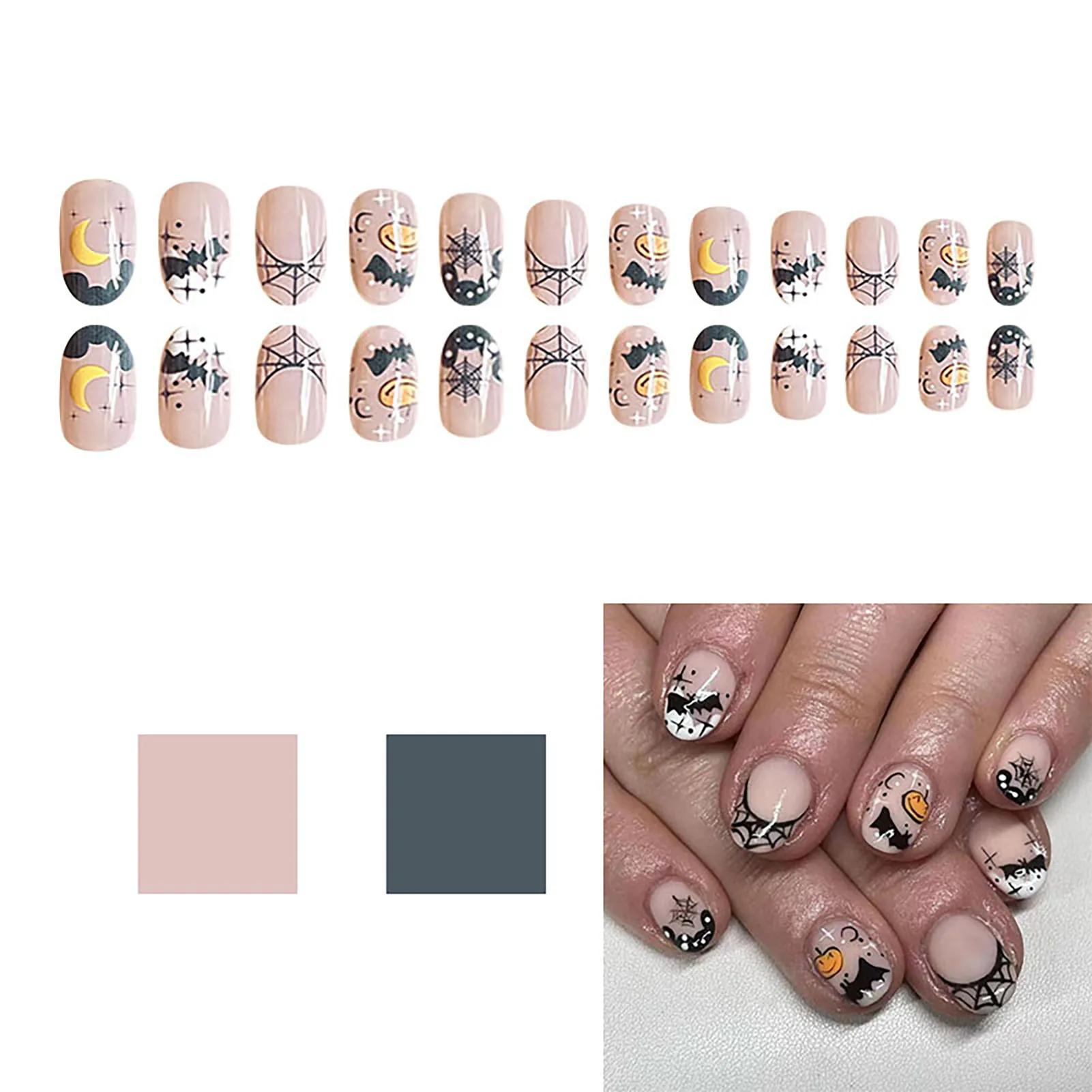 Halloween Cartoon Print Artificial Nail Manicure Arte, Fench Press-on unha, Vestido de saída combinando, 24pcs