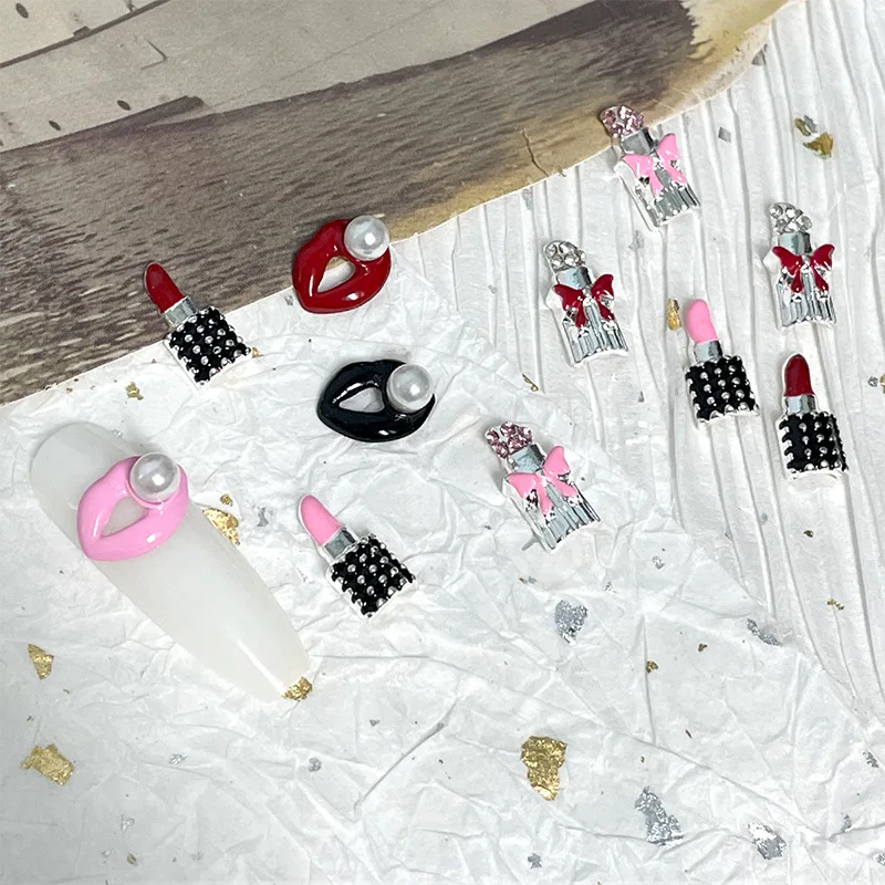 10 pezzi a forma di labbro eleganti ciondoli per unghie rosa rosso rossetto nail art strass forniture accessori per manicure in lega di diamanti di lusso 3D