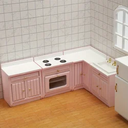 Playdoll House Miniature Furniture Kitchen Set with Wooden Pink Cabinet and Sink