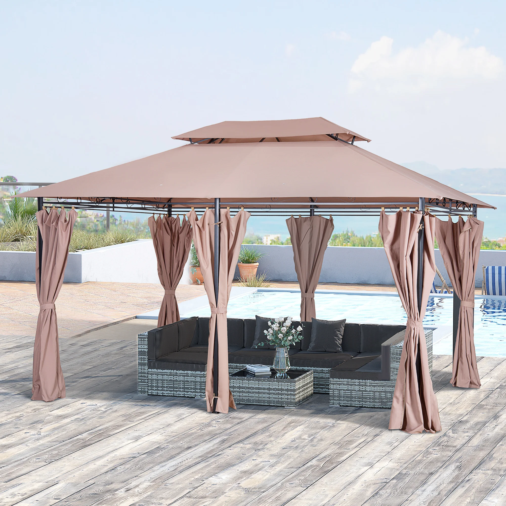 3x4 m outdoor garden gazebo with double khaki roof side walls