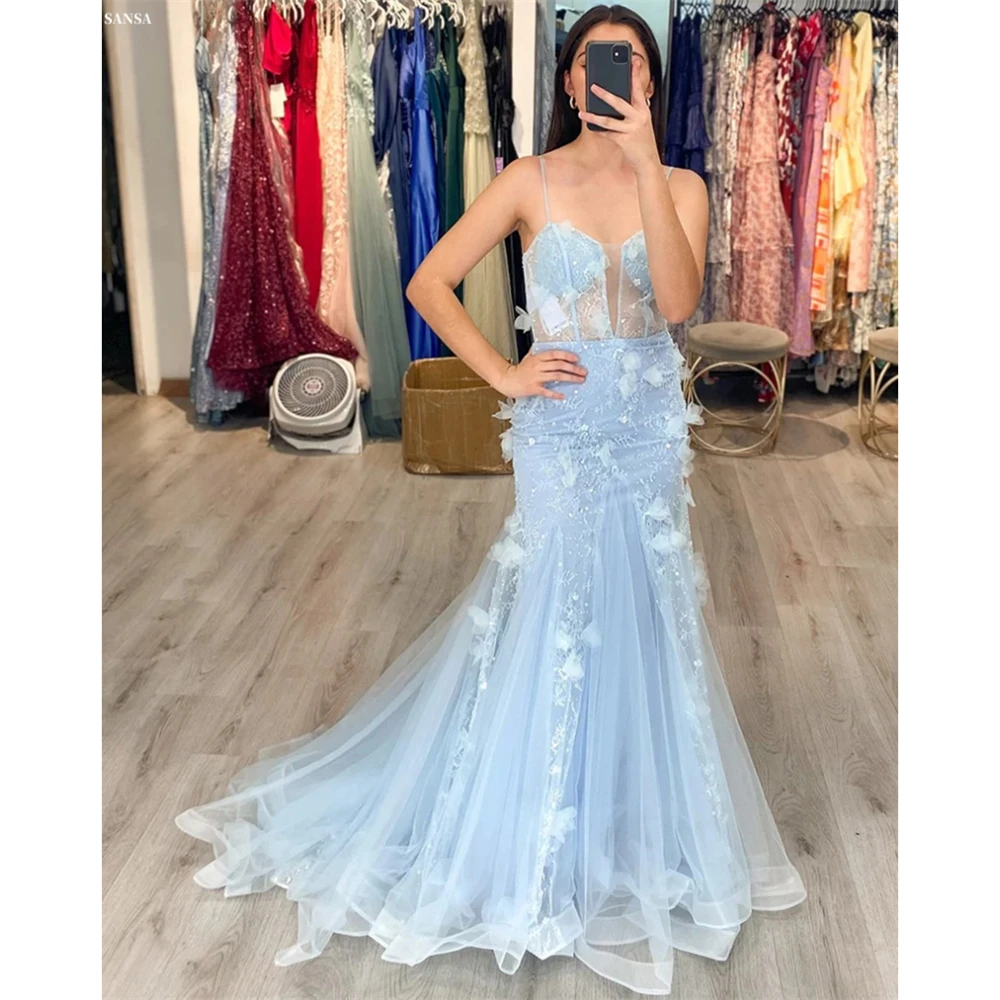 

Sansa Customized Baby Blue Flower Spaghetti Strap A-line Prom Dress Pleats Sleeveless Vestidos De Noche Floor-Length Formal Gown