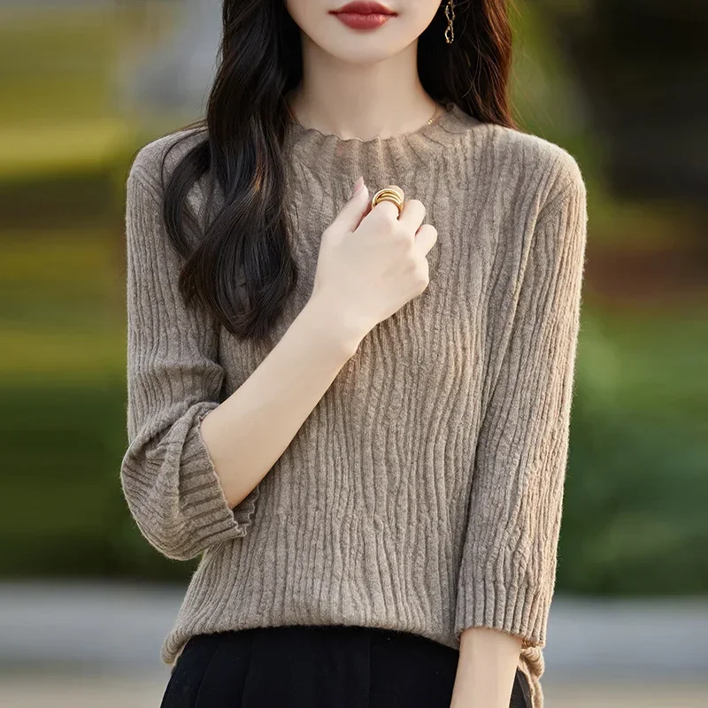 

Spring Autumn New Style Seven-Quarter Sleeve Folded Underwear Shirt Thin Knitted Crew Neck Base Layer Top Women's Fashion