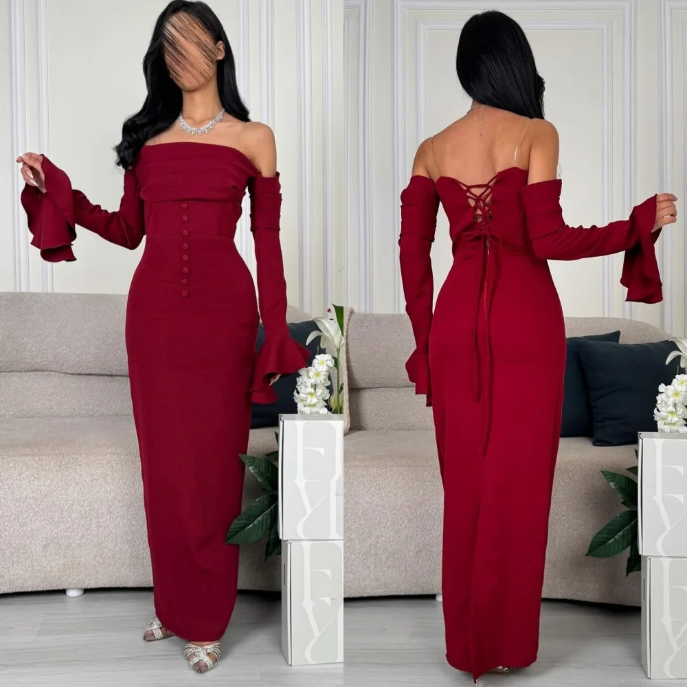 

Customized Jersey Button Ribbon Ruffle Column Strapless Midi Dresses Bespoke Occasion Cocktail Elegant Modern Style