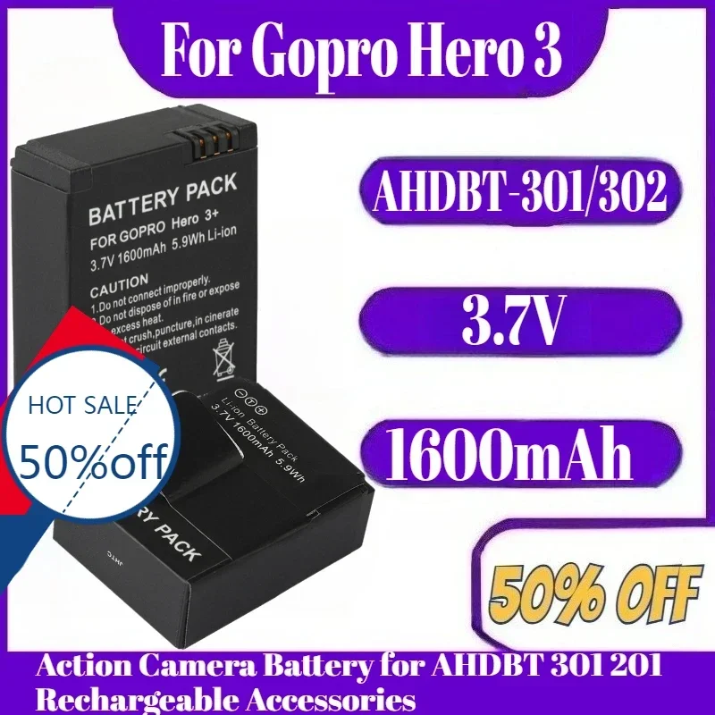 

3.7V 1600mAh AHDBT-301/302 Battery for Gopro Hero 3 3+ Action Camera Battery for AHDBT 301 201 Rechargeable Accessories