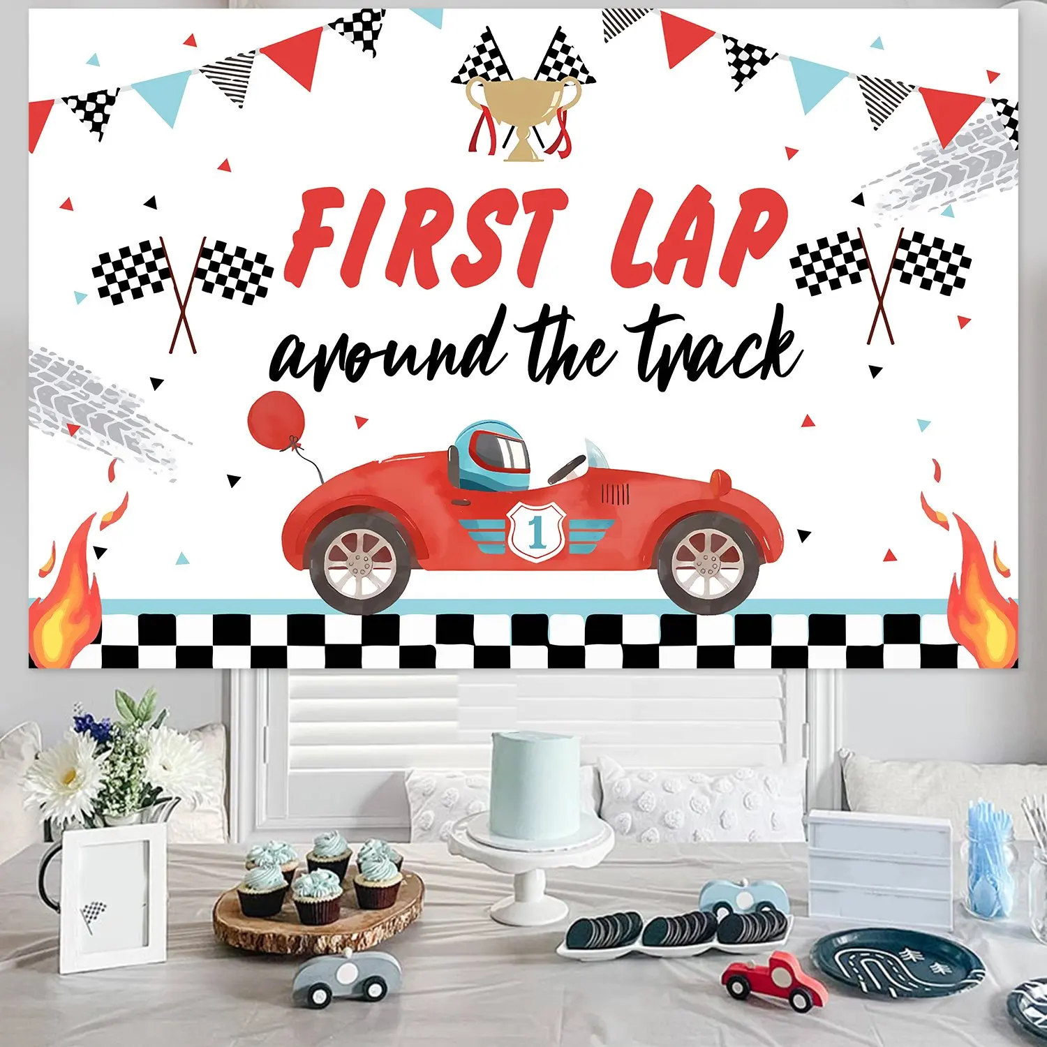 Red Blue First Trip Around the Track Banner Backdrop for Racing Car Theme Fast One First Birthday Party Supplies