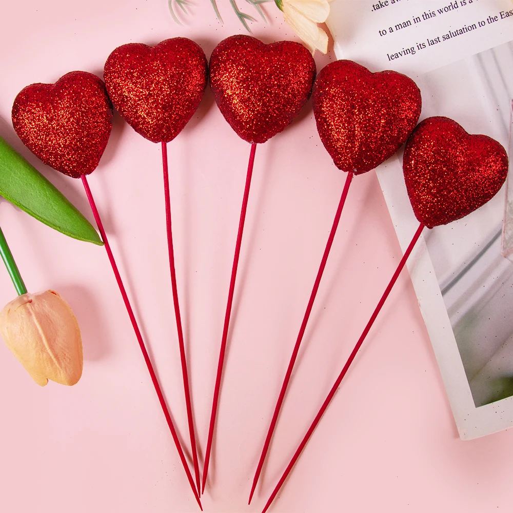 5pcs Red Glitter Foam Heart Picks Stick Valentine‘s Day Cake Toppers Birthday Wedding Party Flower Bouquet Vase Decorations