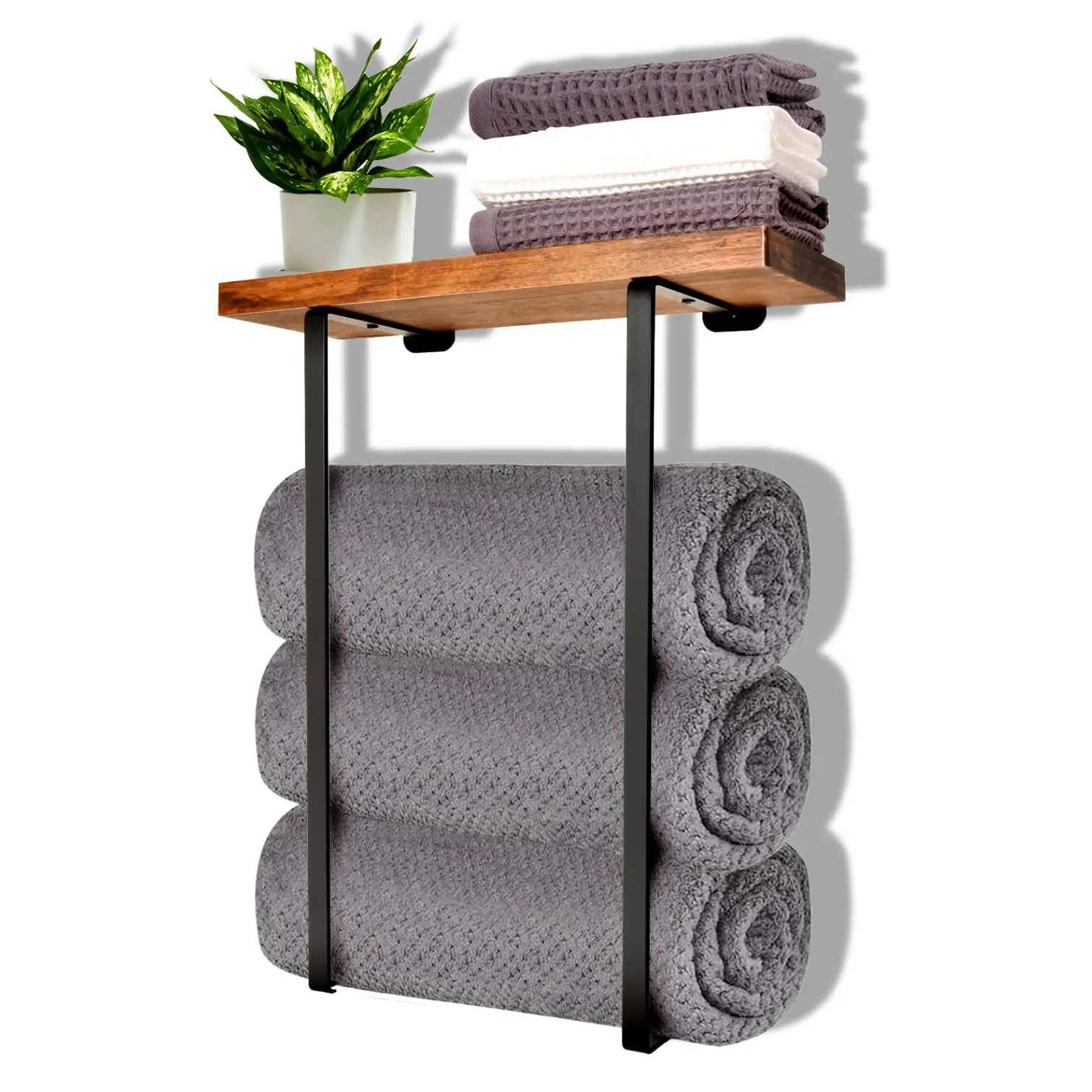 

Towel Racks for Bathroom Wall Decor, Metal Towel Holders with Wooden Shelf,Black Minimalist Design Storage Organizer