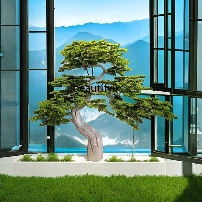 

New Chinese Style Artificial Greeting Pine Pine Tree Shape Fake Trees Solid Wood Root Carving Fake Trees Hotel Window Entrance