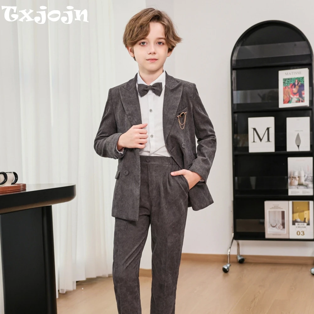 

Casual Smart Children's Slim Fit Suits 4 Pieces Jacket Pants Bow-tie Brooch For Stage Performance Double Breasted Boys Tuxedo