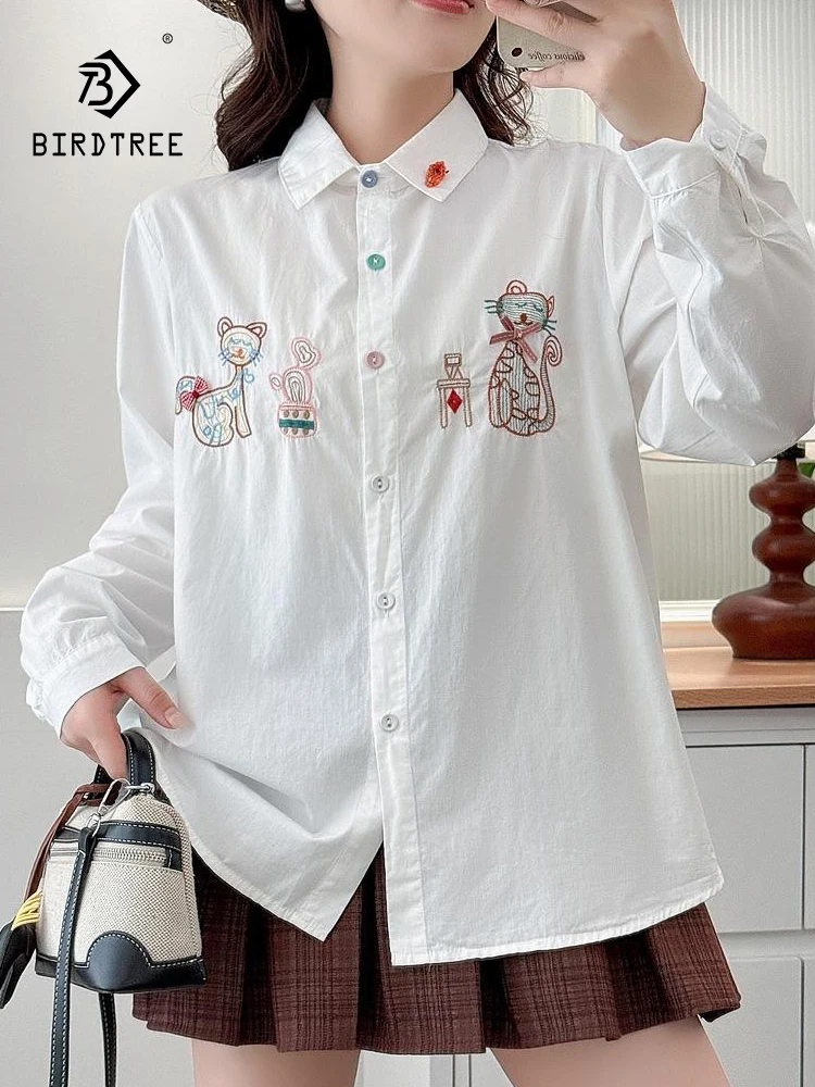 

New 2025 Autumn Cotton Long Sleeve Shirt, Women Turn-down Collar Cat Embroidery, Mori Girl Sweet OL Casual Loose Blouse T58519CC