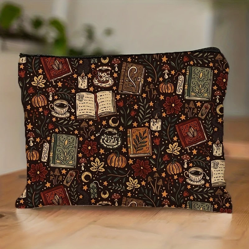 Retro elegante Halloween boek pompoen patroon make-up tas, duurzame niet-vervagende rits tas, lichtgewicht opvouwbare handtas