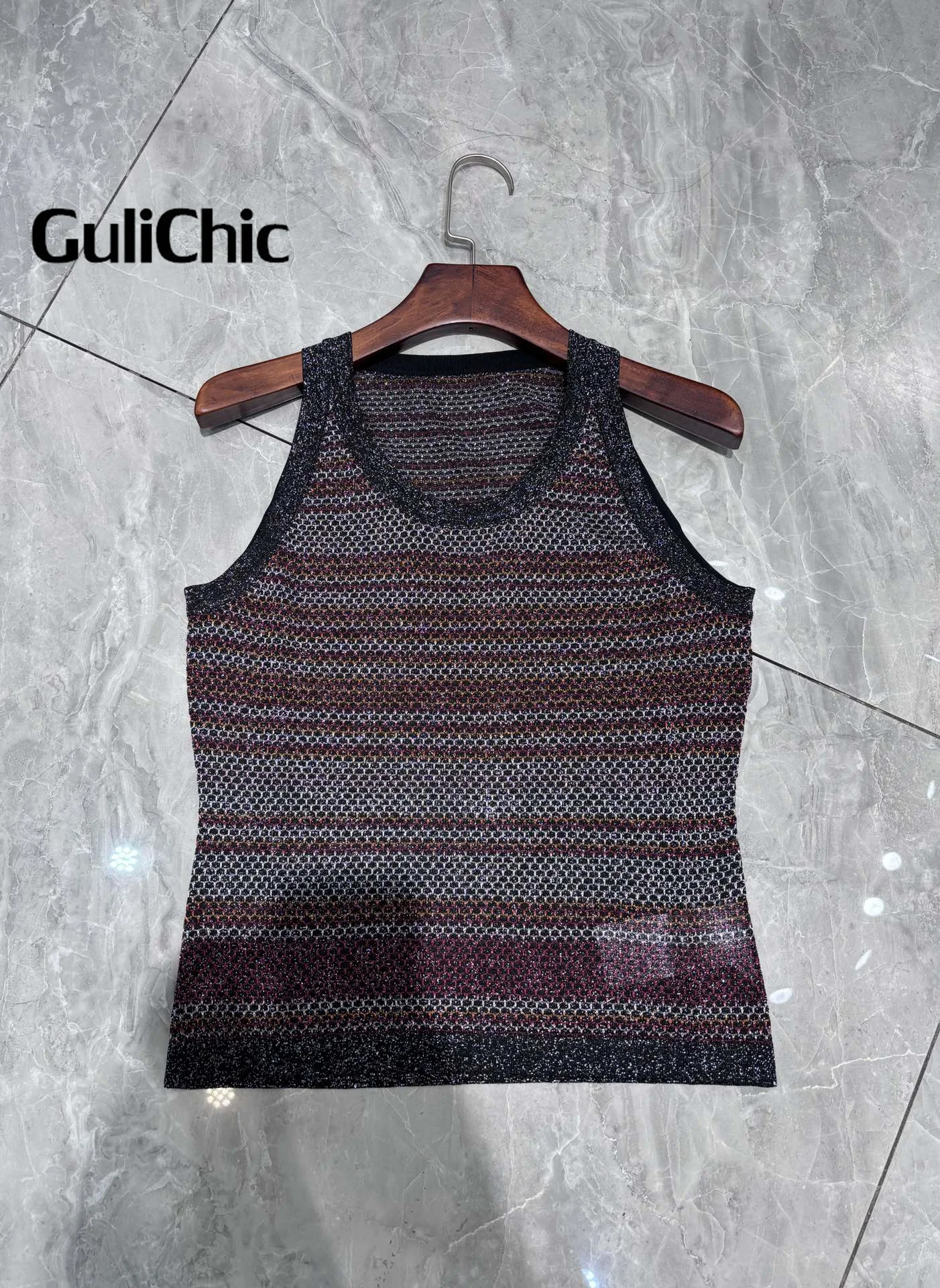 5.11 GuliChic High Quality Metallic Multicolor Knit Striped Slim Tank Top And High Waist Slim Pants 2 Piece Set For Women