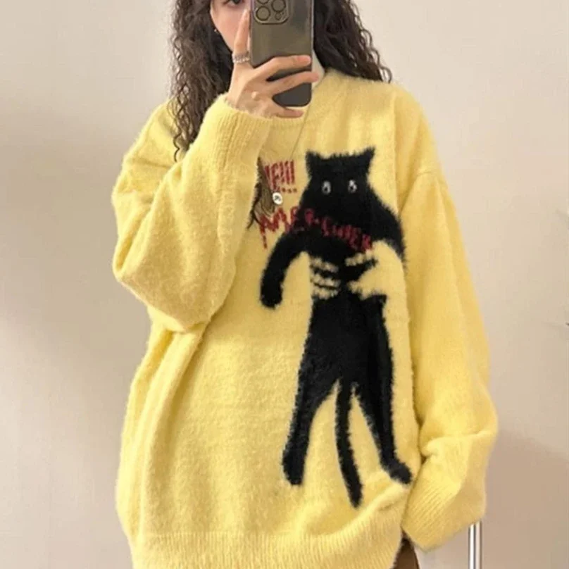 Teenage Harajuku Dark Grunge Black Cat Anime Sweaters Jumpers Streetwear Oversized Couples Kawaii Pullover Autumn Winter Clothes