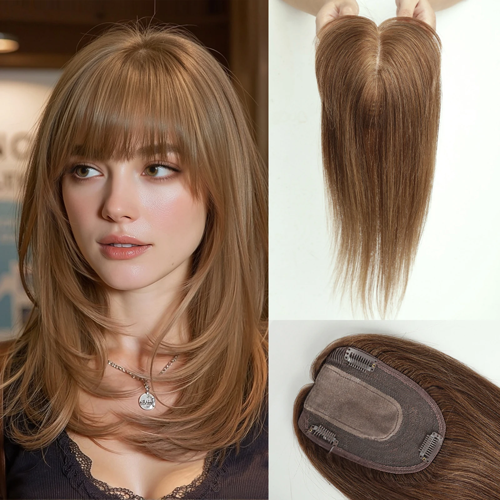 بني طبيعي 14 بوصة قاعدة حريرية مستقيمة توبر شعر بشري مع مشابك الانفجارات 100% قطع شعر ريمي للنساء قطع الشعر الإناث