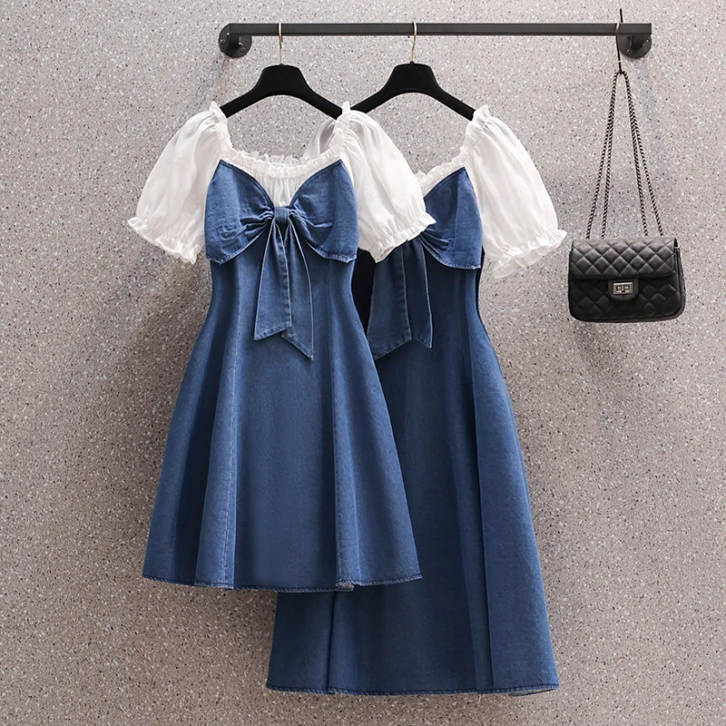 EHQAXIN Fashion Women's Dress New 2023 Summer Elegant Sweet Bow Grace Chiffon Splice Denim Short Sleeve Loose Dresses M-4XL