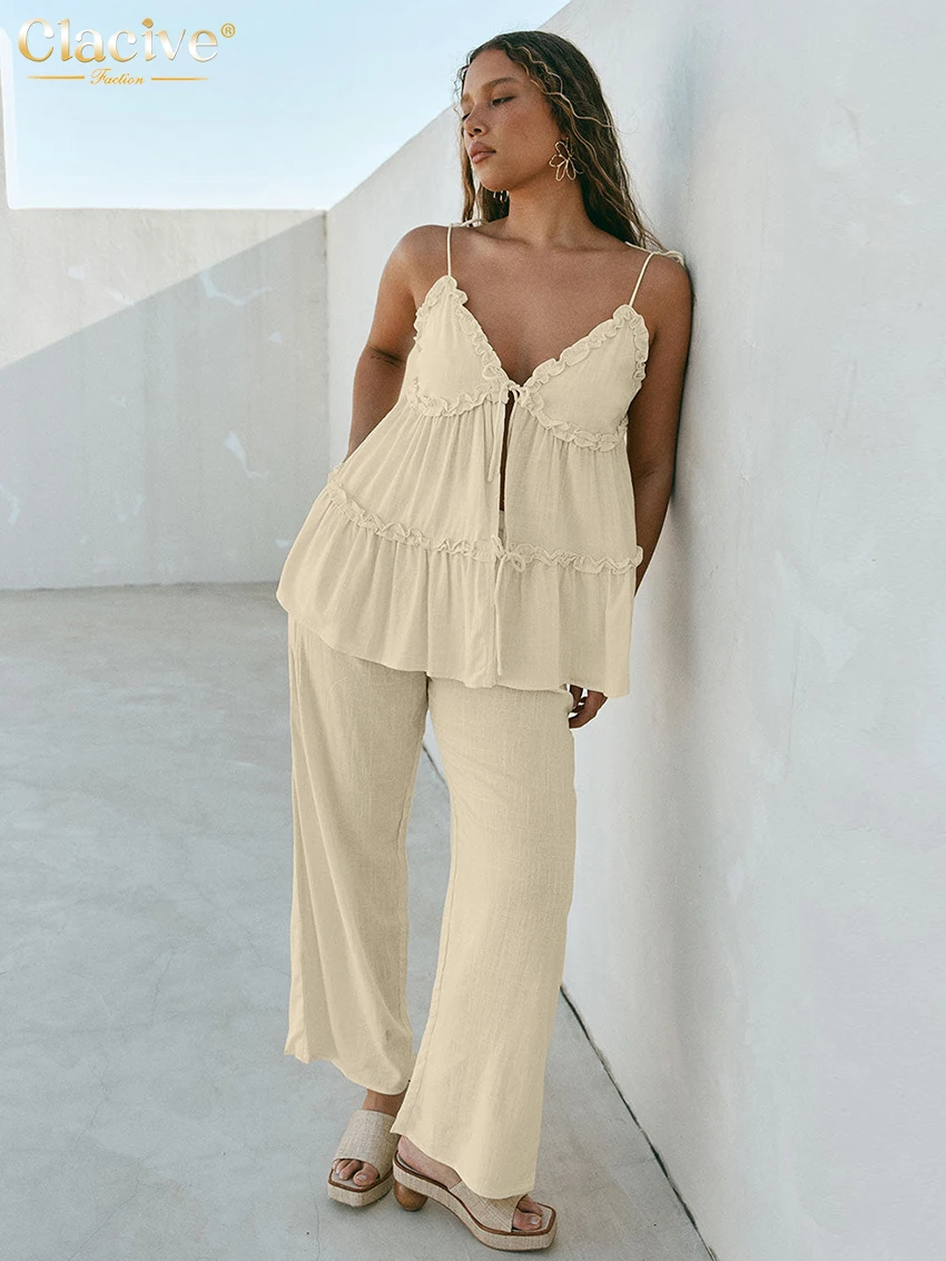 

Clacive Fashion Loose Khaki Cotton Women's Two Pieces Set 2026 Elegant Sleeveless Tank Top With High Waist Wide Pants Set Female