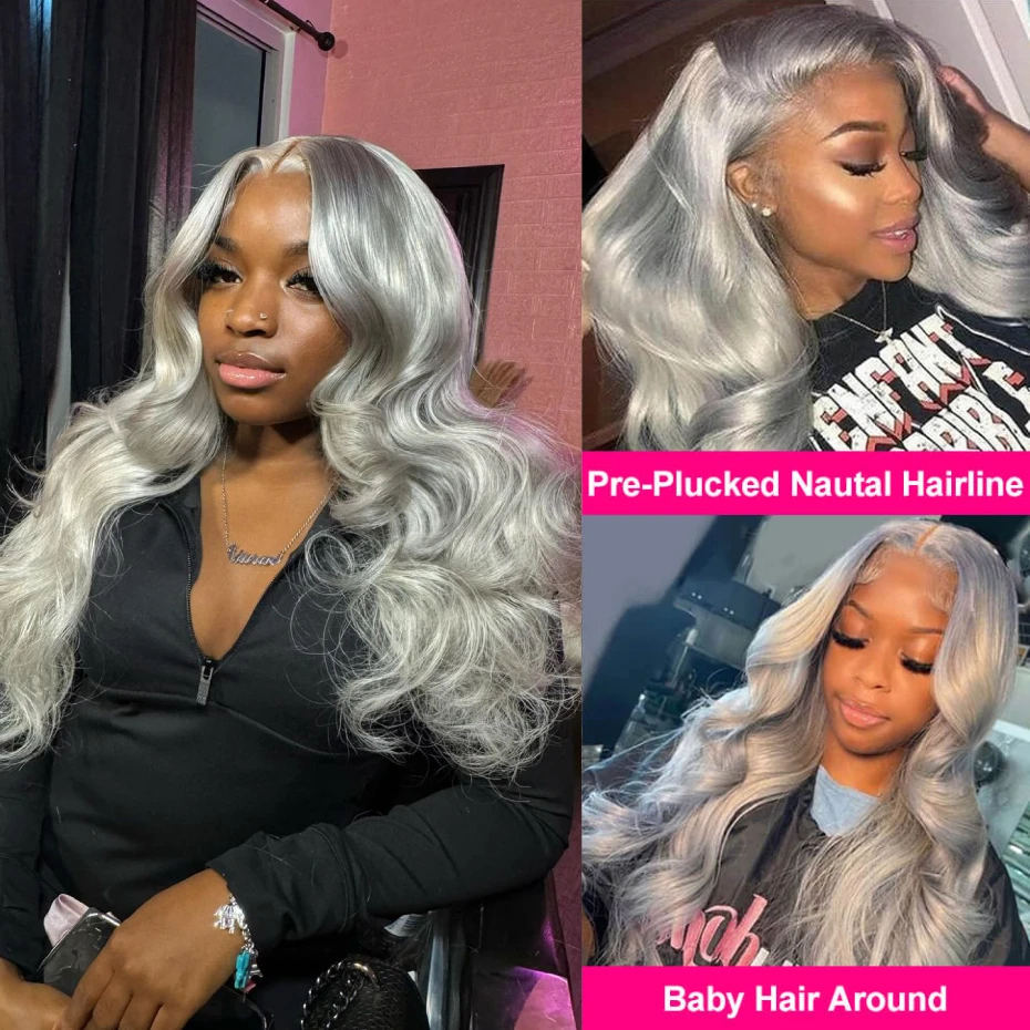 Body Wave Silver Grey Wig Human Hair Lace Front Wig 30 40 Inches 13x6 Lace Frontal Wig Peruvian Ash Gray Colored Human Hair Wigs image 2