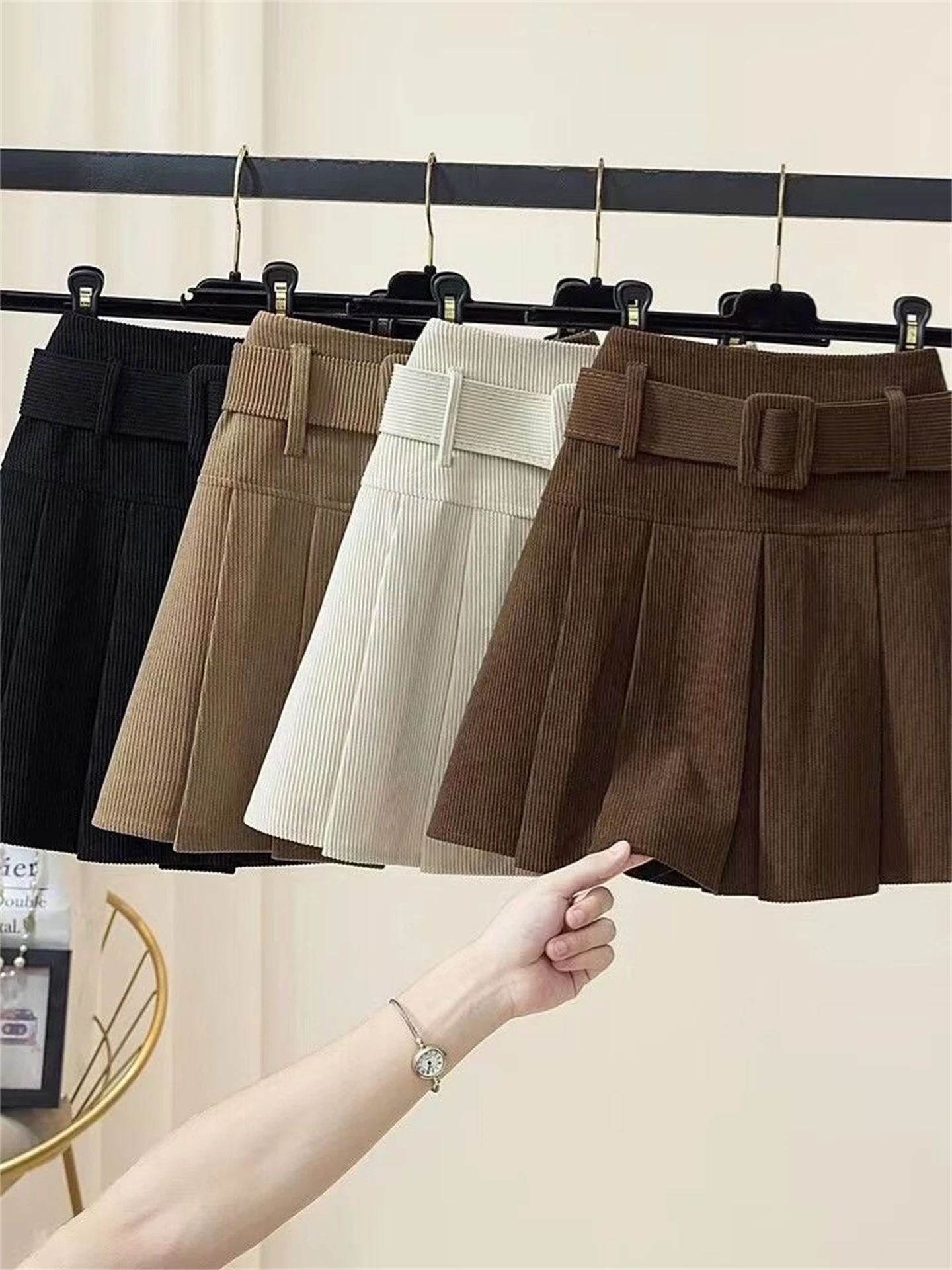 High Waist A-Line Corduroy Pleated  Skirt Women's Belted Half Body Skirt Korean Style Casual Wear Resistant Shrinkage