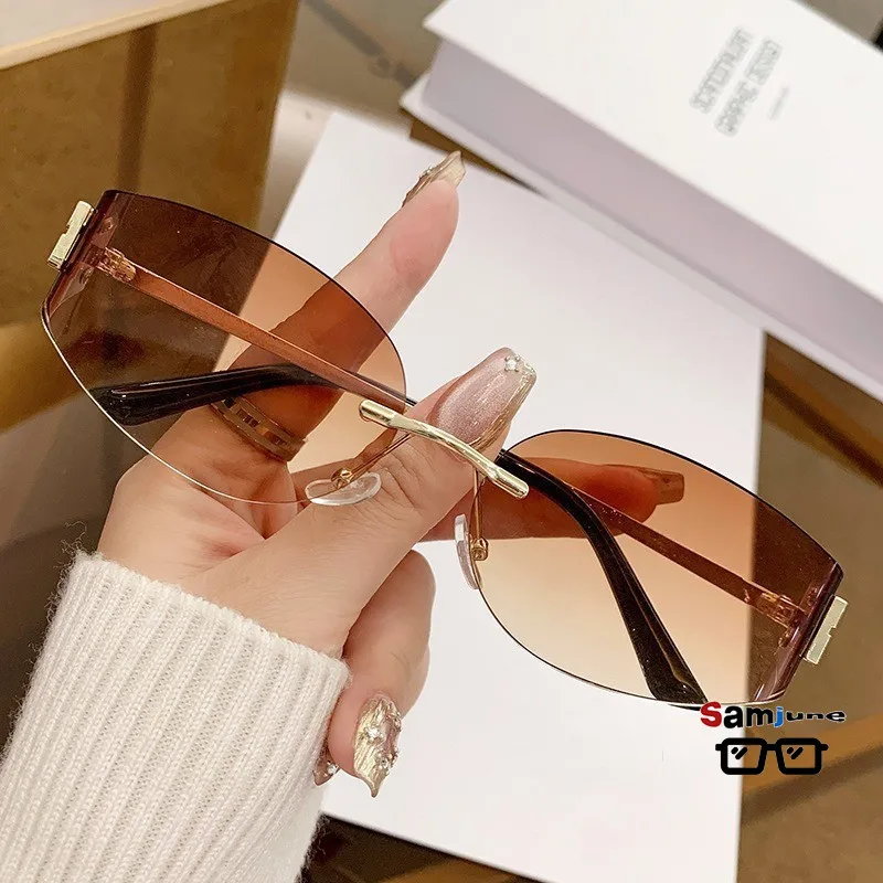 Samjune Rimless Oval Sunglasses Women  Oversized Gradient Black Lenses Metal Frame Punk Decorative Glasses Men Goggles Female