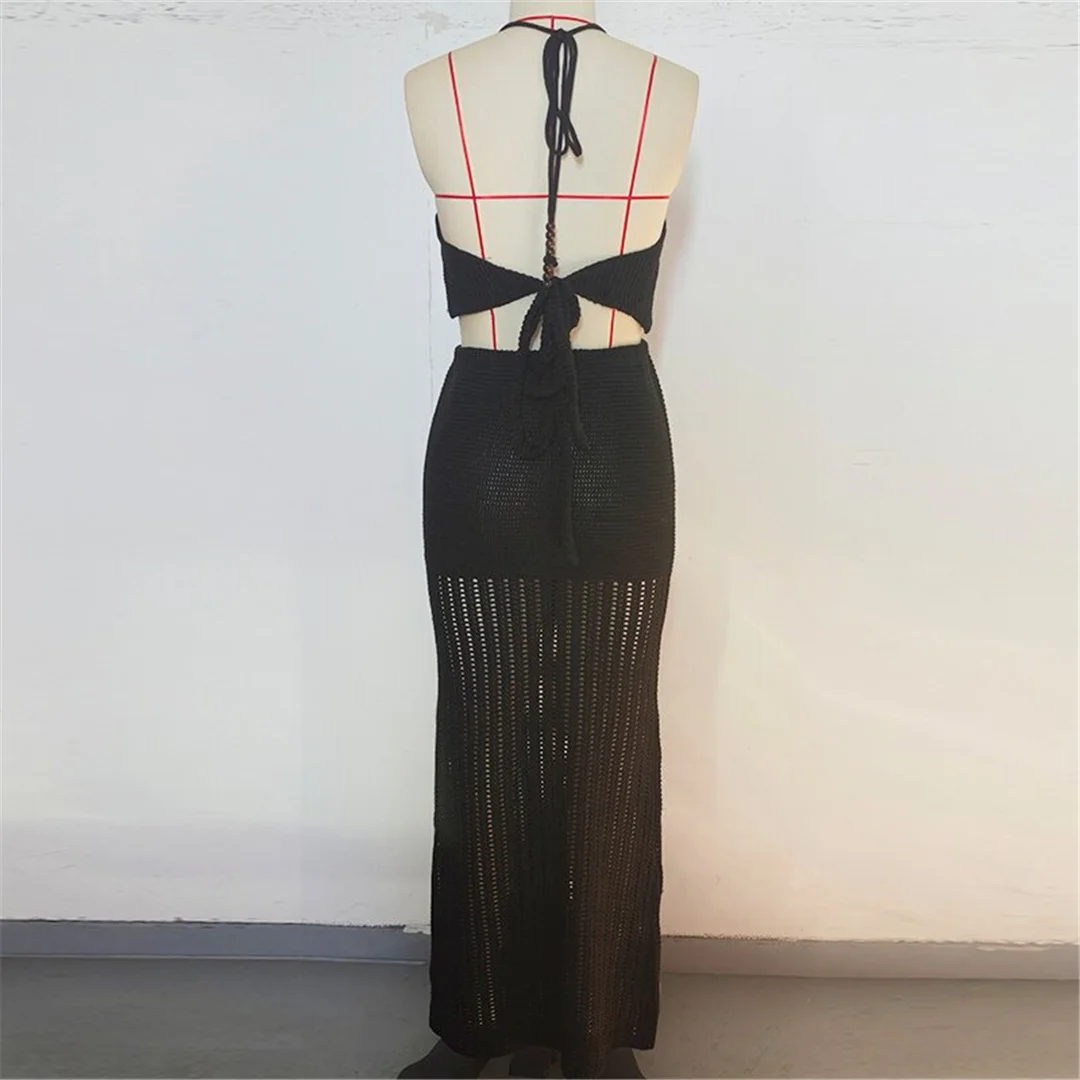 V-Ausschnitt, Halterneck, einfarbig, gehäkelt, gestrickt, zweiteiliger Anzug, Strandkleid, Strandmode, Strandbekleidung, Strandüberwurf, Damen, V7648 – Detail 16