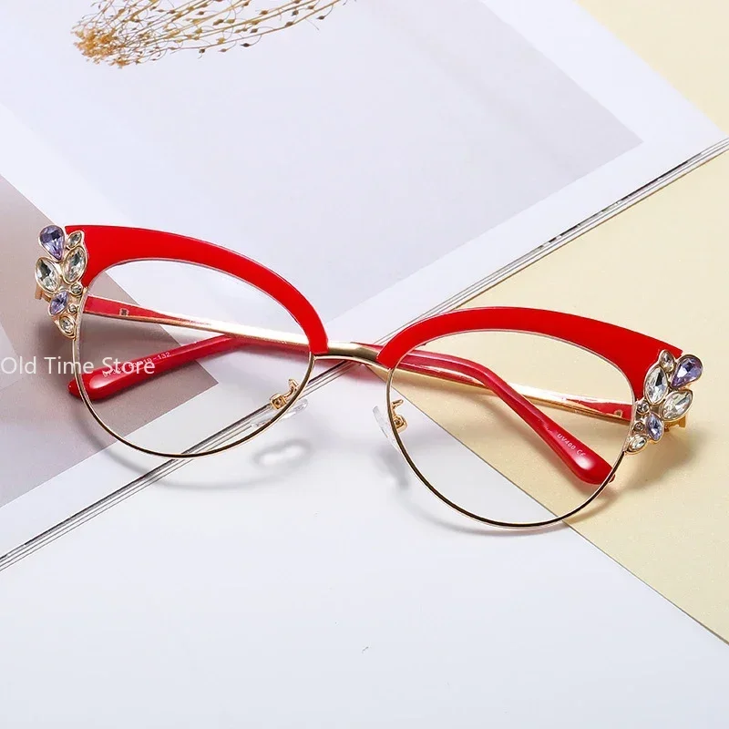 Fashion Luxury Diamond-studded Anti-blue Glasses Women Vintage Cat Eye Eyeglasses Frame Trend Personality Flat Mirror Eyewear