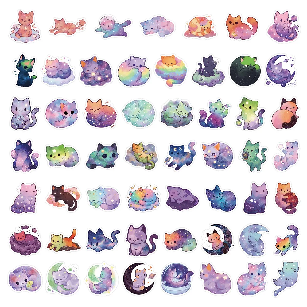 50/100-Pack Cartoon Starry Night Cat & Dog Doodle Stickers Student Notebook Guitar Luggage Decor Waterproof Doodle Decals