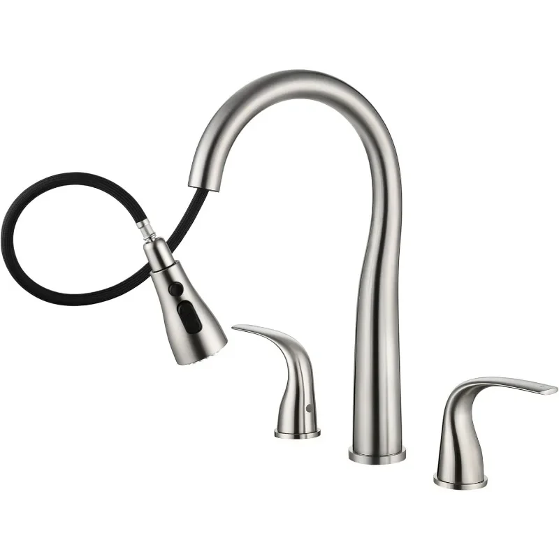 

3 Hole Kitchen Faucet with Pull Down Sprayer, Double Handle High Arc Faucet for Kitchen Sink with 3 Mode Spray, Stainless Steel