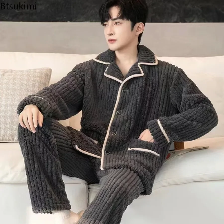 Autumn Winter Men\'s Single-breasted Lapel Sleepwear Thicken Warm Flannel Pajama Sets Male Lounge Cozy Coral Velvet Homewear Suit