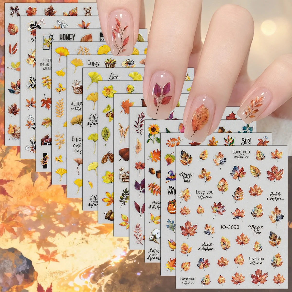 3 to 12 Sheets 3D Autumn Fall Maple Leaf Ginkgo Pumpkin Mushroom Halloween Cottagecore Self-Adhesive Thanksgiving Nail Stickers
