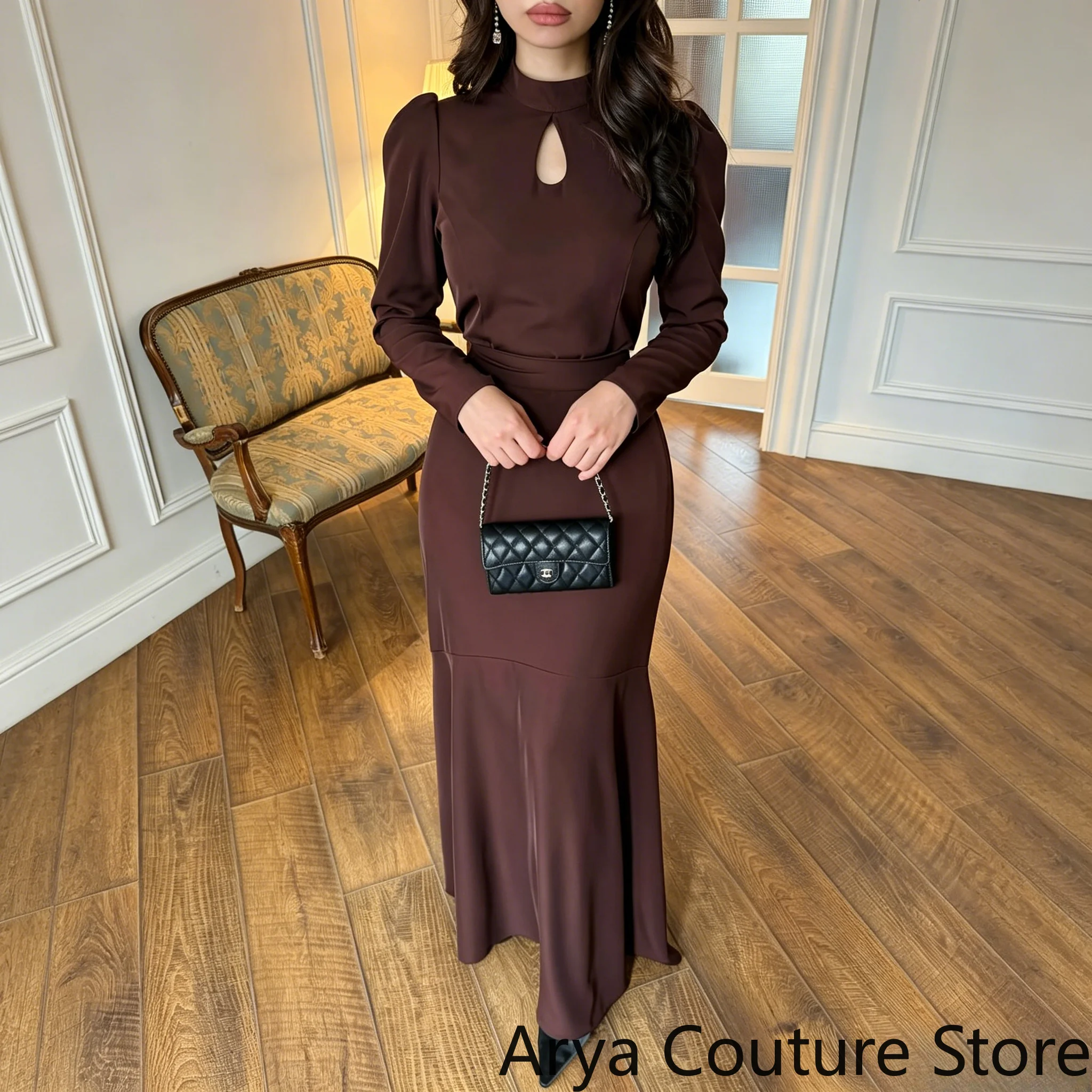 Customized Elegant High Neck Evening Dress Long Sleeve Puff Shoulder Keyhole Neck Elastic Waist Mermaid Maxi Skirt Formal Gown
