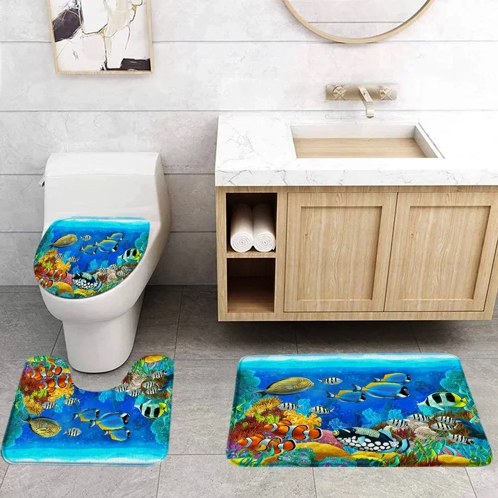 3D Printed Sea Animal Bath Mat Set Sea World Dolphin Pattern Bathtub Decoration Seawater Landscape Bathroom Decoration