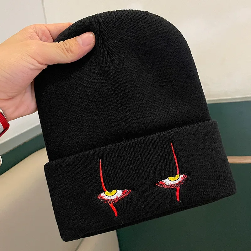 Gorros de lana bordados, gorro tejido con ojos de payaso aterrador, gorro de hip-hop con cobertura cálida, gorros de lana para Halloween