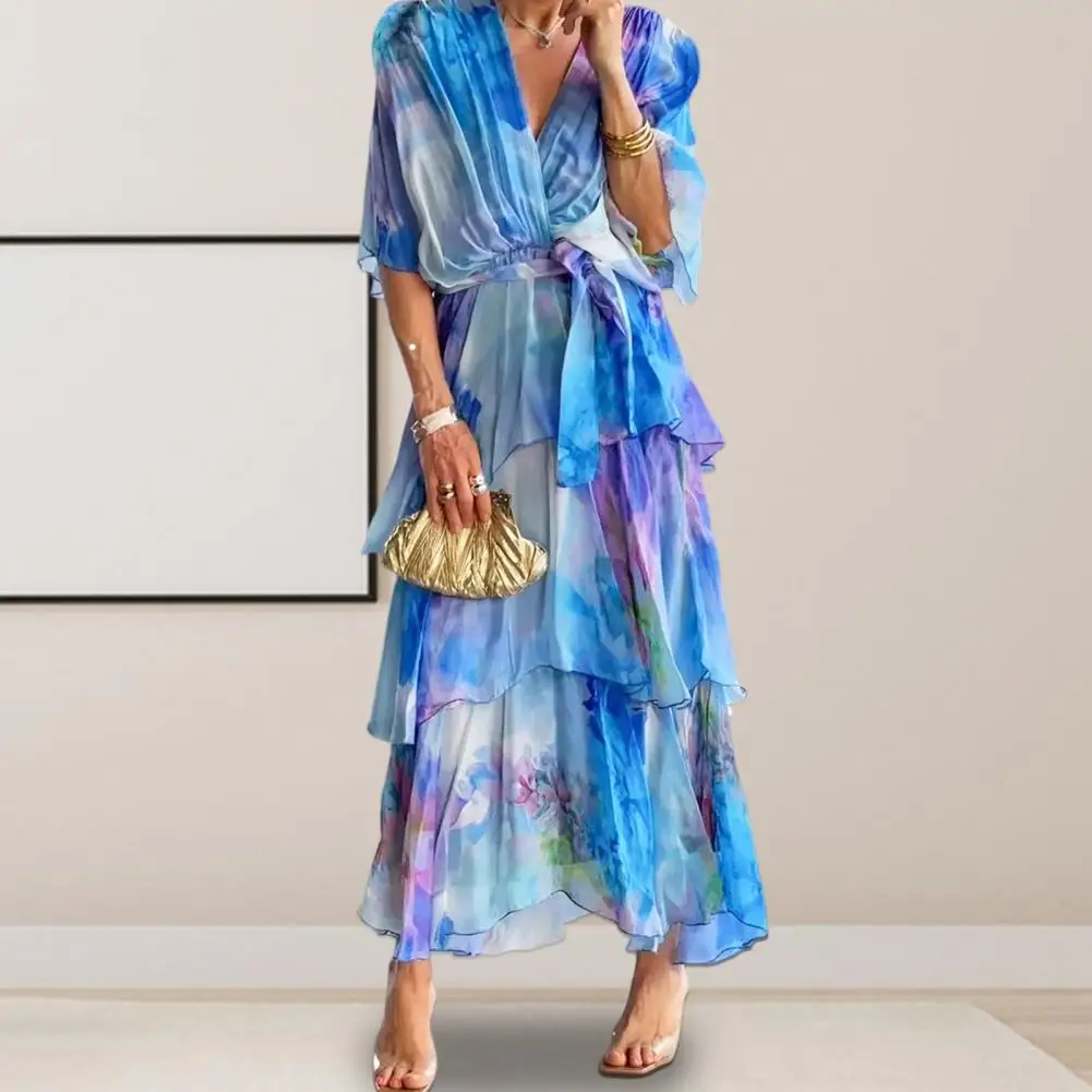 Evening Dress Women Loose Hem Maxi Dress Dreamy Colors Ruffle Lace-up Maxi Dress Multi-layered Pleated V Neck with for Beach