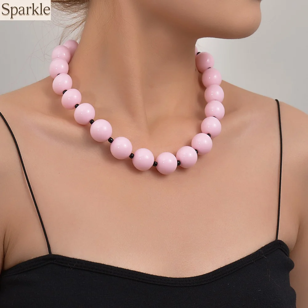 

Y2K Exaggerated Pink Acrylic Bead Choker Necklace Adjustable Chain Bead Stacked Choker Fashion Jewelry Gift Beaded Chain on Neck
