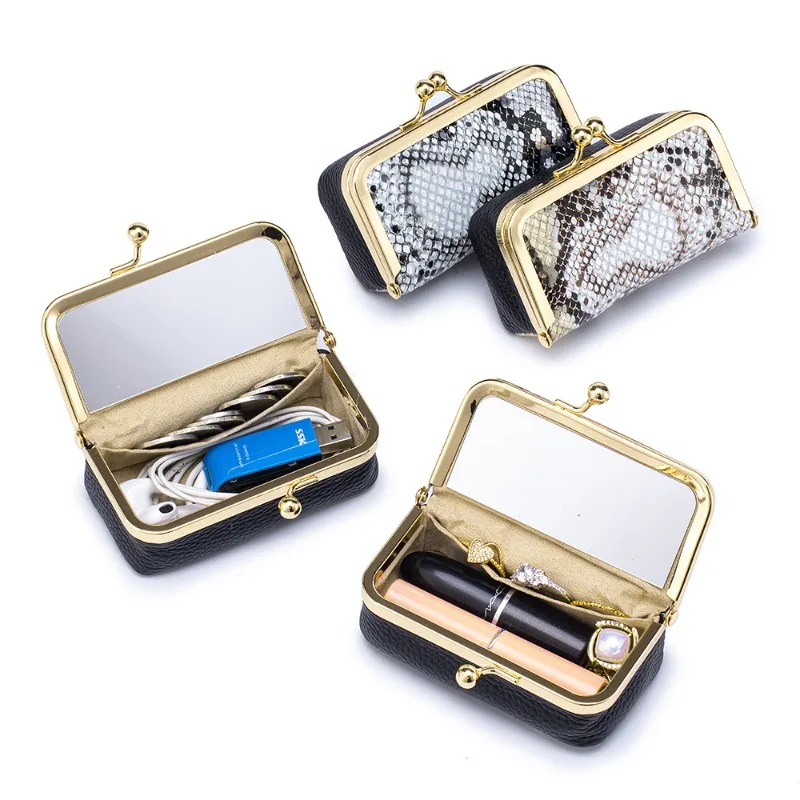 New Women Cowhide Multi-purpose Coin Purse, Compact Genuine Leather Lipstick Case with Inner Mirror, Small Jewelry Organizer Box