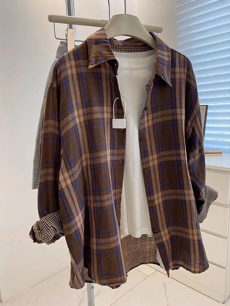 Camisas de mujer a cuadros Vintage de hilo de algodón de doble capa, novedad de 2021, blusa elegante de manga larga con un solo pecho para principios de otoño, Cardiga