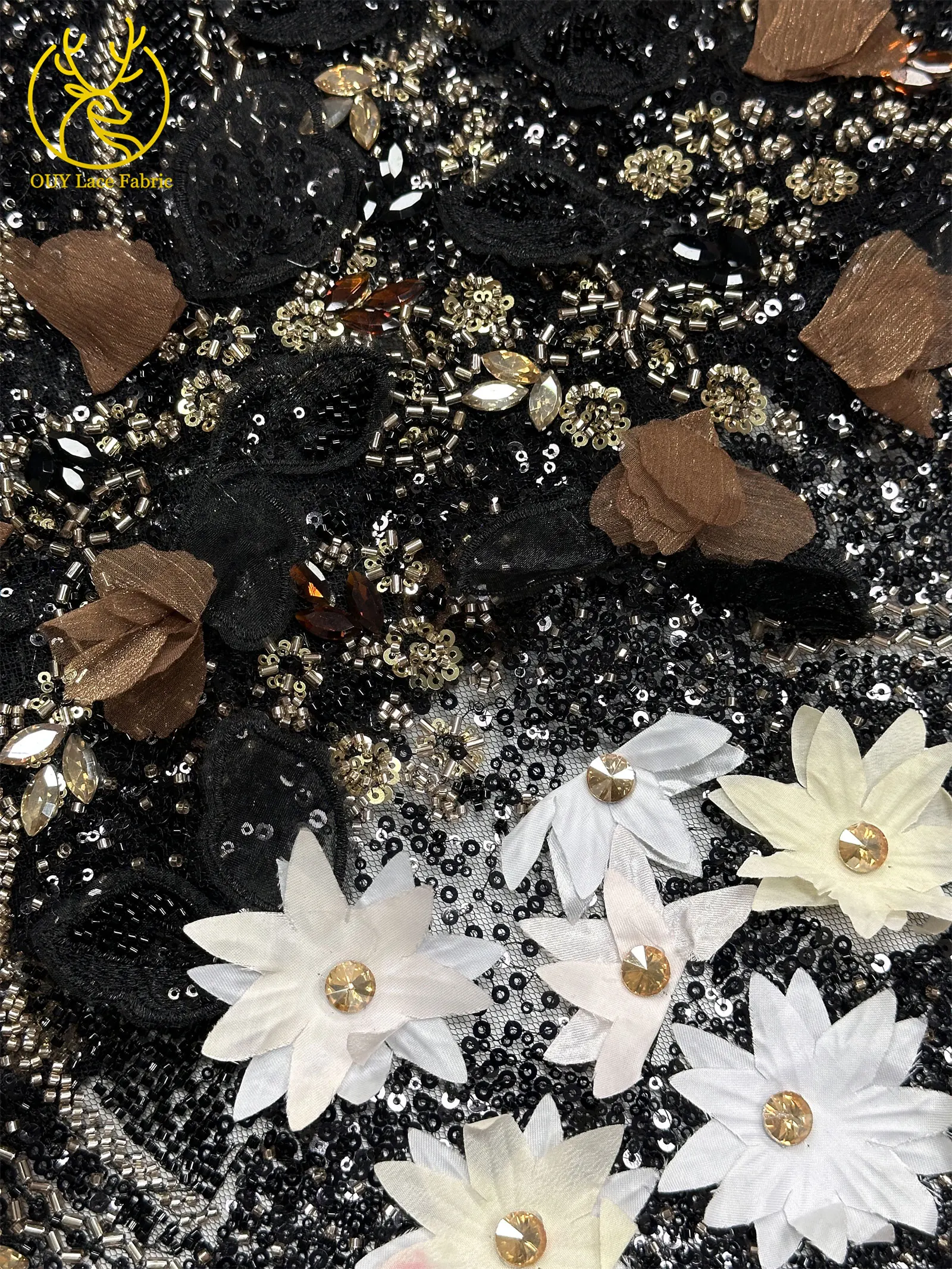 Hochwertiger luxuriöser französischer Edelstein-Perlenstickerei-3D-Blumen-Afrikanischer-Pailletten-Spitzenstoff für DIY handgefertigtes Hochzeitskleid. – Detail 31
