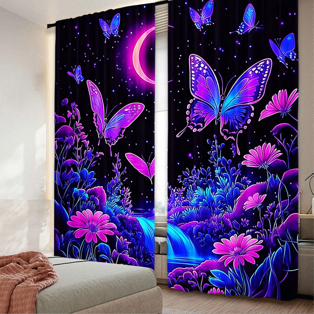 2Pcs Butterfly Curtain Floral Plant Nature Landscape Starry Night Sky For Bedroom Living Room Decoration Many Other Occasions