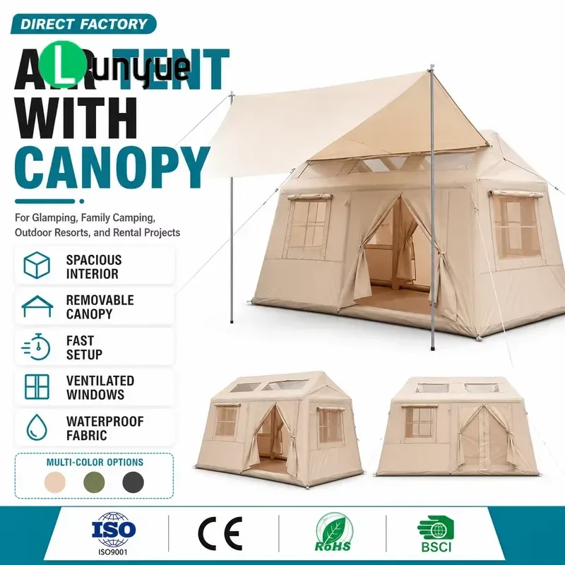 Inflatable Tent with Canopy Black Coated Oxford Cloth Quick Open Portable Lightweight for Outdoor Camping Travel