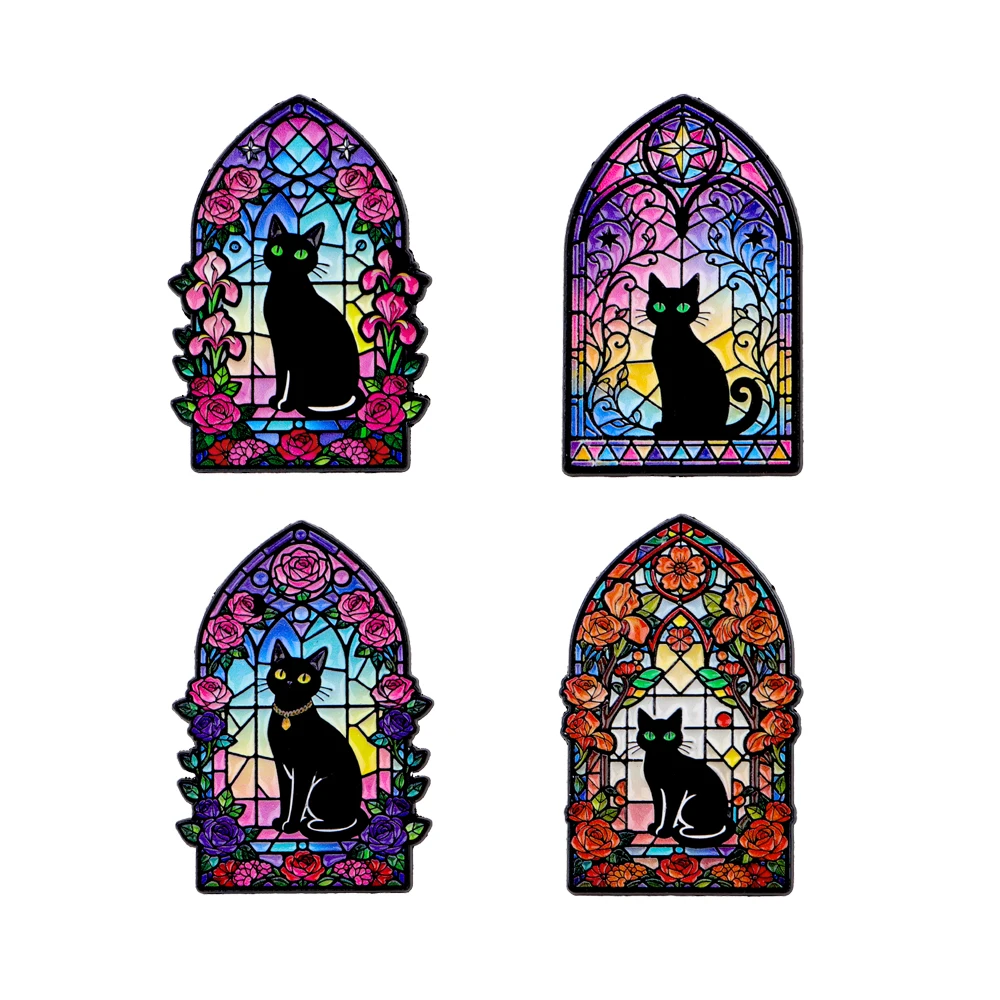 نافذة ملونة القط الأسود الرجال النساء دبابيس التلبيب دبابيس لحقيبة الظهر لينة المينا دبابيس شارات مجوهرات اكسسوارات #1