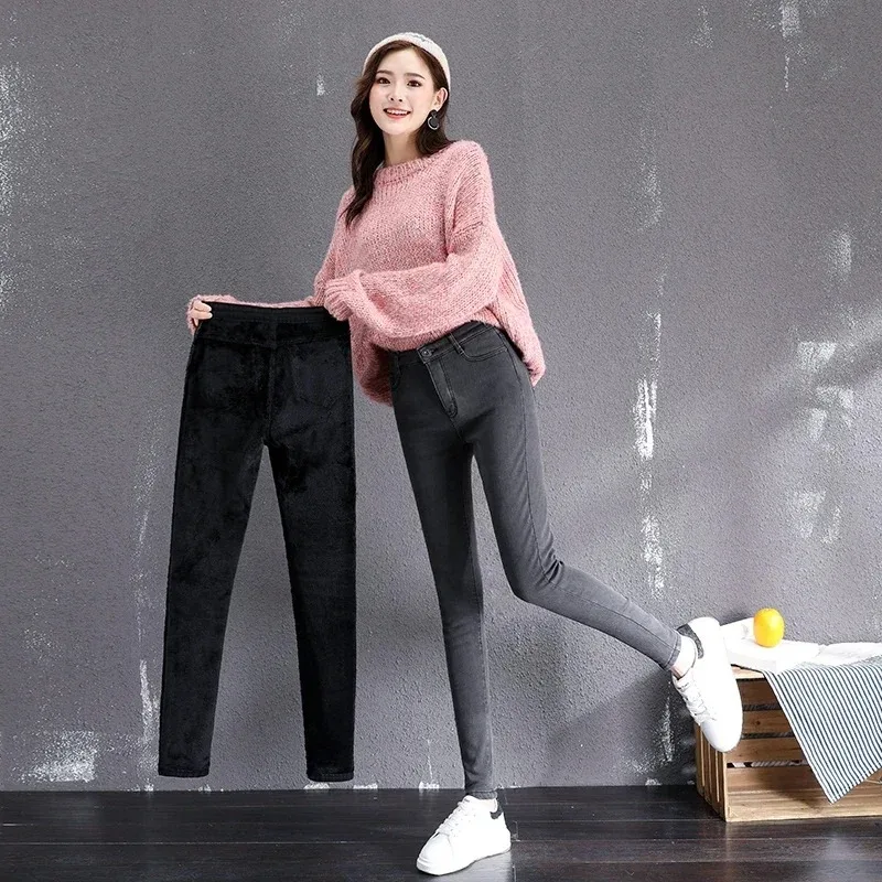 winter warm thick fleece woman's jeans with high waist pants woman mom jeans women's jeans for women jean femme clothe black