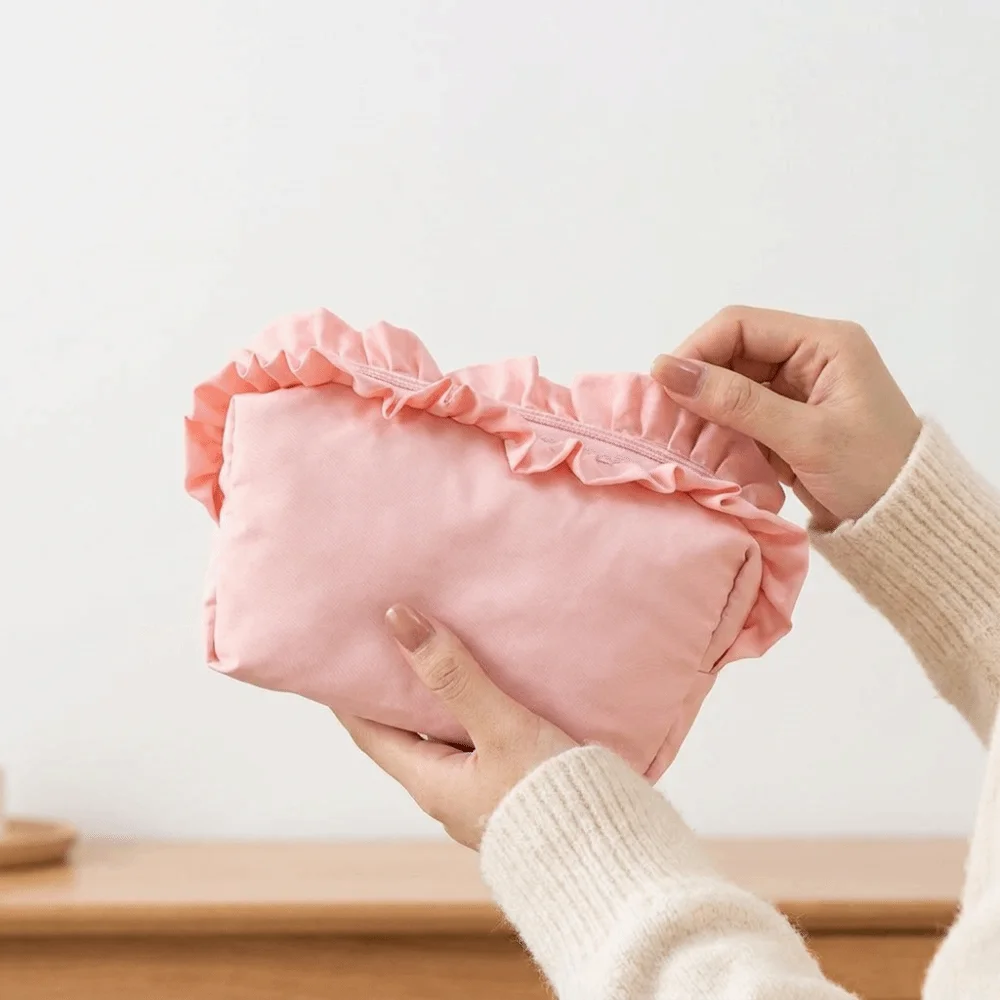 Creative Solid Color Ruffle Makeup Bag Nylon with Zipper Wash Storage Bag Pencil Case Korean Style Cosmetic Cases Skincare