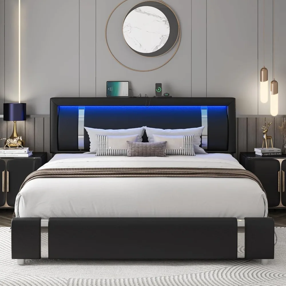 Extra Large Bed Frame with RGB LED Lights and 2 Storage Drawers, Modern Cushioned Platform Bed, USB Charging Port