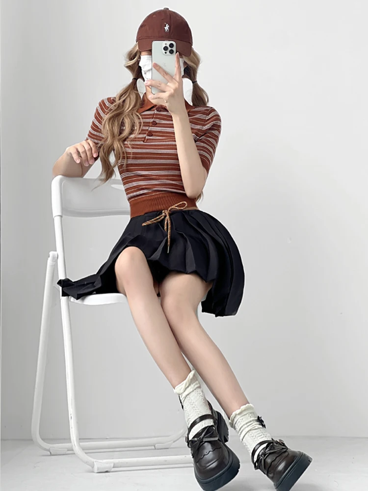 

Faionable Loose Retro Ne Striped ort Sve Knitted irt Women's Small Size oulder T-irt Commute Sle Autumn...