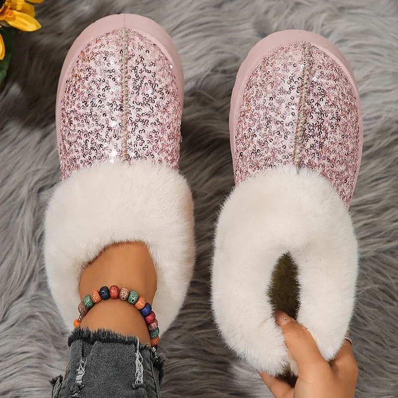 Luxurious Glitter Sequins Womens Plush Ankle Boots Autumn Thick Bottom Platform Snow Boots Ladies Suede Short Plush Shoes Botas