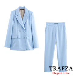 TRAFZA Elegant Shoulder Pad Blazer Set Women New 2024 Spring Fall Commuter Office Blazer Set Double Breasted Blazer and Pant