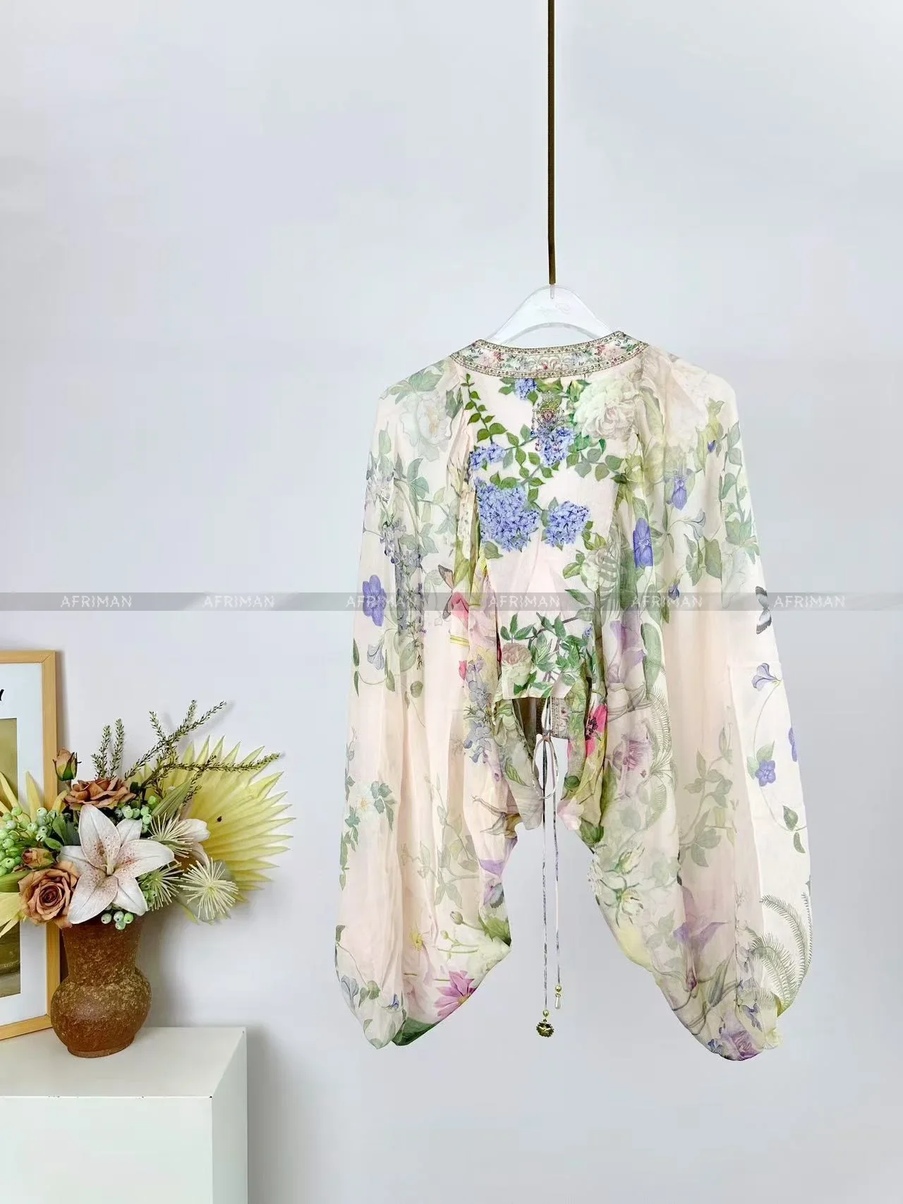 

Women V Neck Crystal Beaded Batwing Sleeve Pink Flower Print 100% Silk Short Shirt + Maxi Long Silk Skirts Set